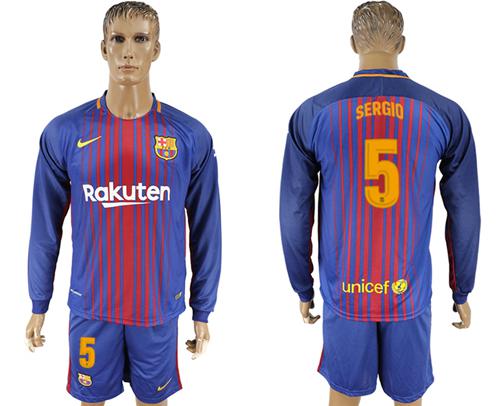 Barcelona #5 Sergio Home Long Sleeves Soccer Club Jersey